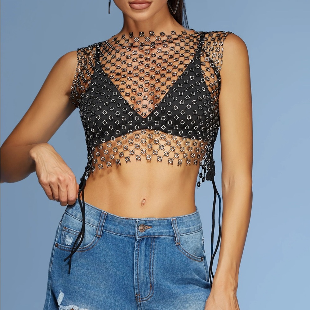 Black Mesh Embellished diamanté floral Crop Top
